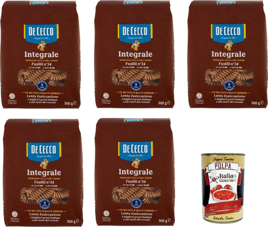 De Cecco Integrale Fusilli N° 34, Pasta integrale, Vollkornnudeln, 5x 500g + Italian Gourmet polpa 400g