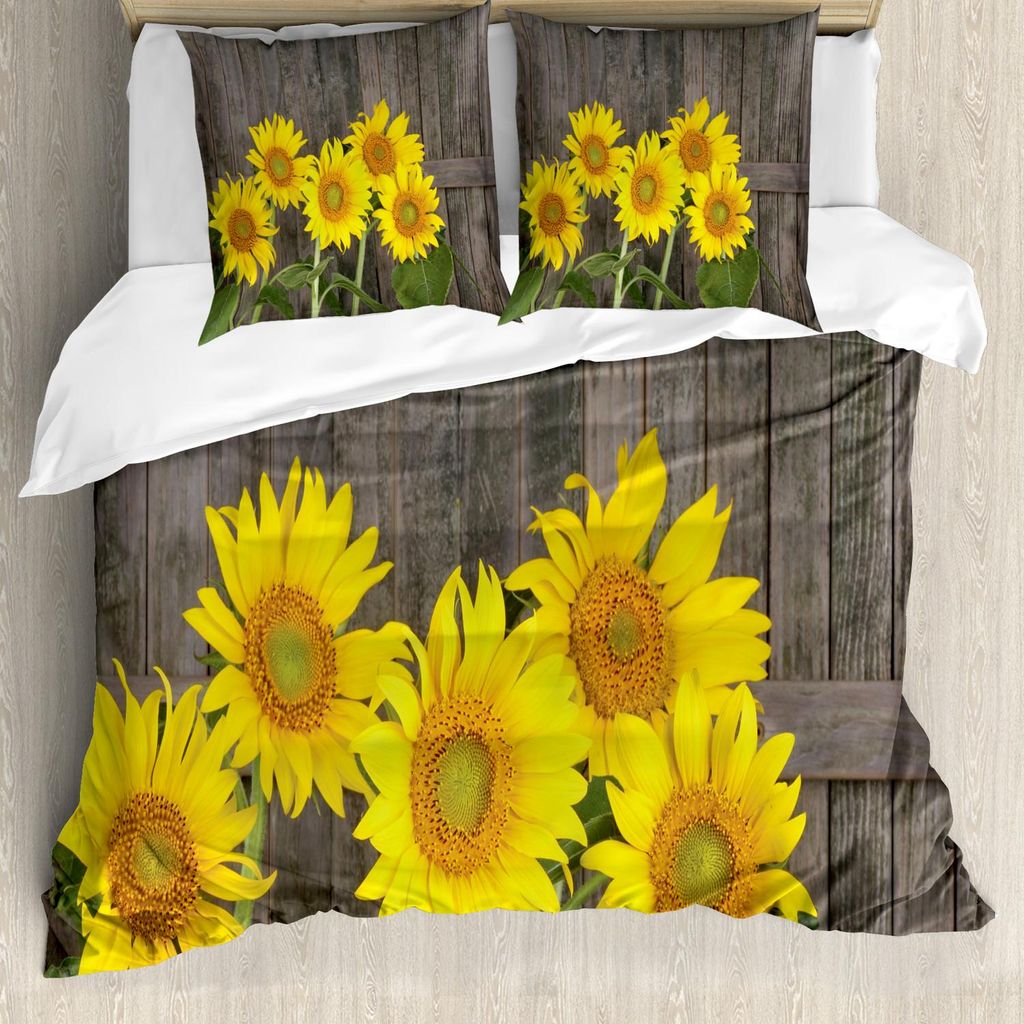 ABAKUHAUS Sonnenblume Bettbezug Set, Helianthus-Sonnenblumen gegen verwitterten gealterten Zaun Sommer-Garten-Foto, 200 x 200 cm + 80 x 80 cm, Gelb...