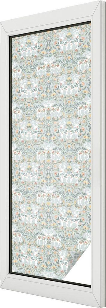 Buntglas Fensterfolie – 146x50 cm – Stained-Glass Design – blickdichte dekorative Sichtschutzfolie – selbstklebend, UV-Schutz – Hirschblumen