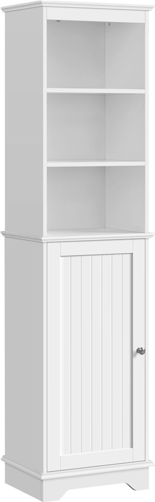 A white tall cabinet with shelves and a door.