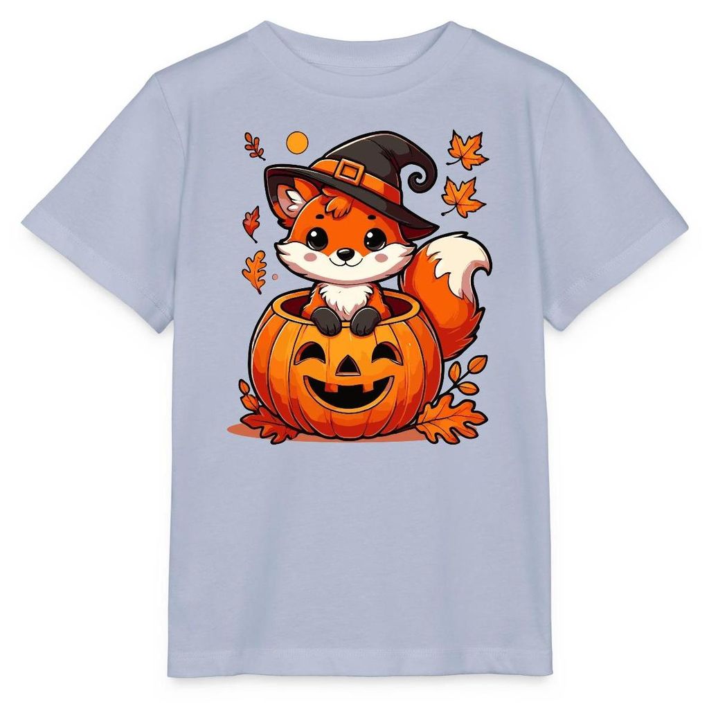 Spreadshirt Süßer Halloween Fuchs Im Kürbis Mit Hexenhut Kinder Basic T-Shirt, 98/104 (3-4 Jahre), Lavendel-Violett