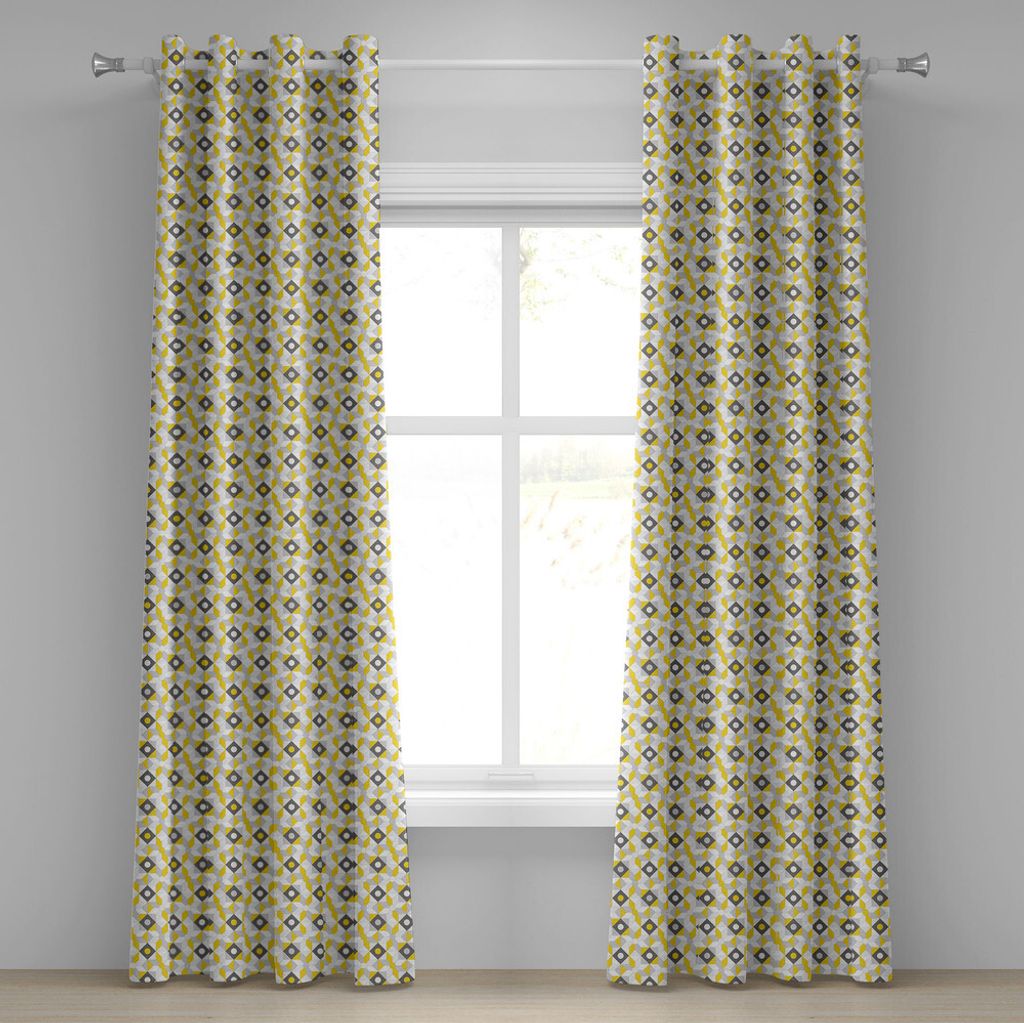 ABAKUHAUS Grau und Gelb Ösenvorhang, Geometrische Retro 60er 70er Jahre Home inspiriert Runden Quadrate Bild, Dekorative 2-Panel-Fenstervorhänge,...