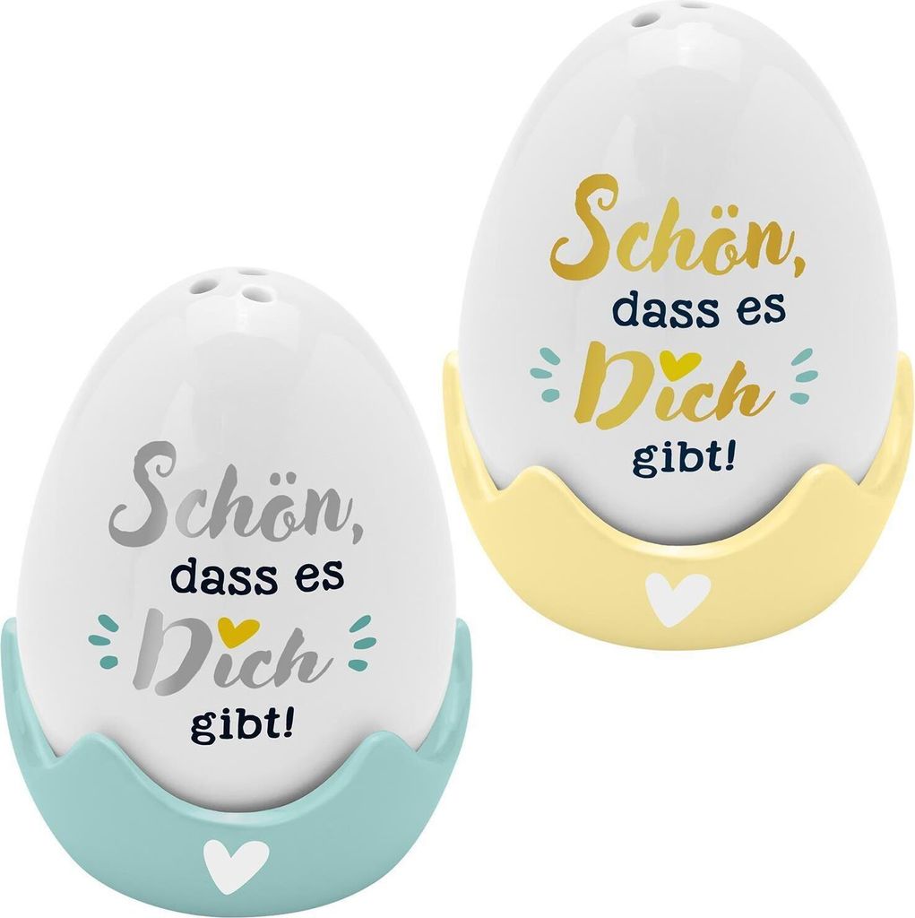Sheepworld - 48583 - Eierbecher-Streuer-Set, Schön, dass es Dich gibt , 4-teiliges Set, bestehend aus Salz- und Pfefferstreuer in Eierform und 2 E...
