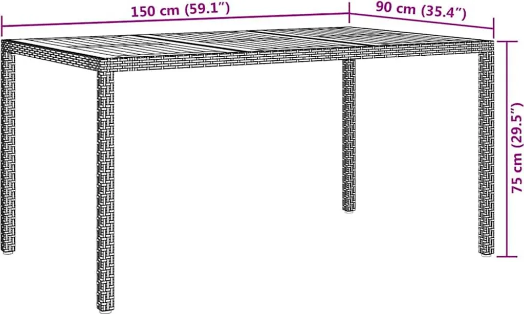 Table de Jardin en Poly Rotin Gris Résistant aux Intempéries 150x90 cm