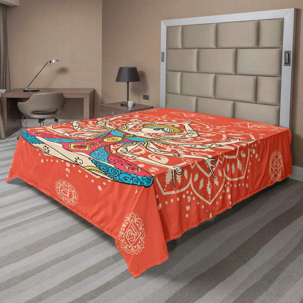 ABAKUHAUS Lenzuolo da yoga, tecnica yoga con costume etnico Disciplina zen Corpo Mente Ornamenti Motivi, lenzuolo morbido e confortevole per un letto decorativo 1 pezzo 275 cm x 260 cm, Crema Rosso Verde acqua
