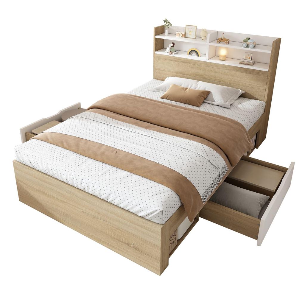 Holz-Einzelbett 90x200 Weiß/Eiche, zweifarbiges Bett mit Kopfteil-Ablage, 2 Schubladen+offenen Fächern,teilweise Massivholz,praktisches Stauraumbett