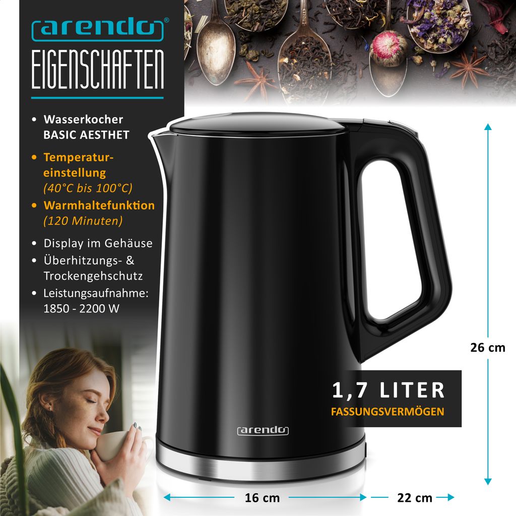 Arendo - Bollitore in acciaio inox con regolazione della temperatura 40-100 gradi in incrementi 5 - Design a doppia parete - Modello ELEGANT - 1,5 lit | Leroy Merlin