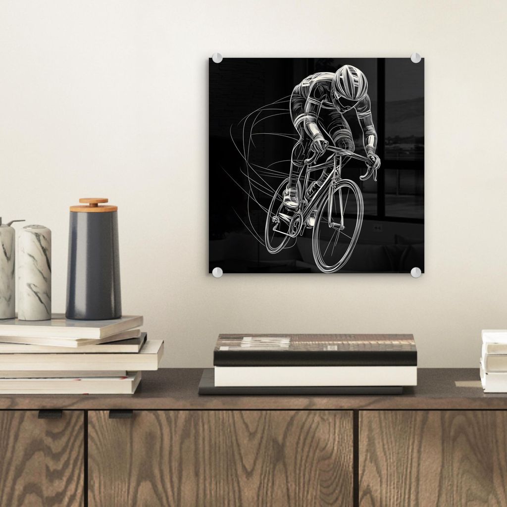 MuchoWow Glasbilder - Bilder auf Wandbild - Foto auf Glas Strichzeichnung - Weiß - Radfahren - Geschwindigkeit 40x40 cm Wanddekoration aus Glas - ...