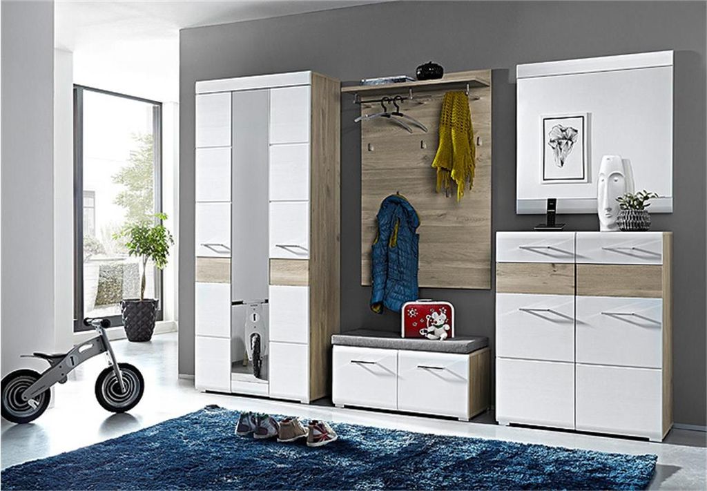 Garderobe "FUNNY" 5-TLG Hochschrank Paneel Spiegel Schuhkommode Bank in Weiß und Abs. Silbereiche