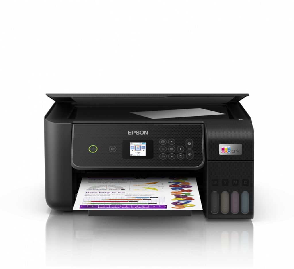 A black Epson EcoTank L3280 Inkjet printer is shown from the front on a white background. A sheet of paper with charts and graphs is partially visible coming out of the printer.