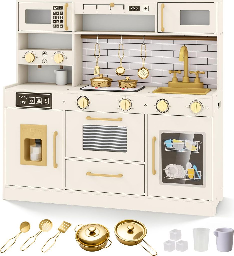 COSTWAY Kinderküche, Spielküche mit Licht, Sound, Zubehör, Spüle, Eisspender, Mikrowelle, Wasserspender&Ofen, Holzküche, Spielzeugküche für ...