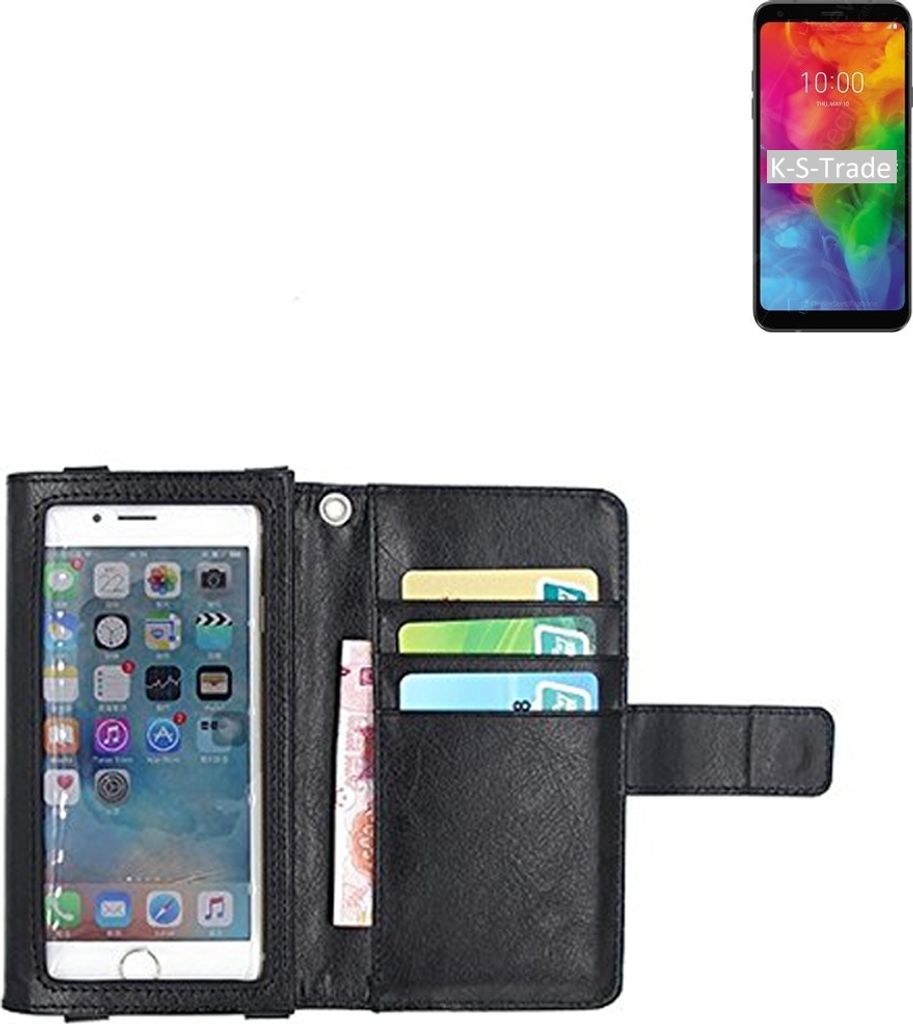 K-S-Trade Handy Hülle Schutz Hülle Kompatibel mit LG Electronics Q7+ Case mit Displayschutz / Schutzfolie Flip Cover Wallet case Etui Hülle schwarz
