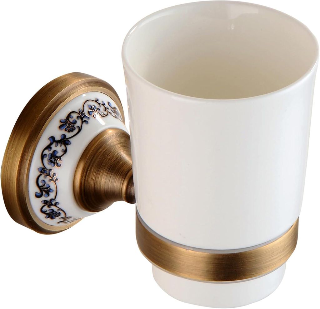 Antiker Zahnbš¹rstenhalter aus Messing in Bronzeoptik mit wei?em Keramikbecher, Badezimmeraccessoire aus Porzellan