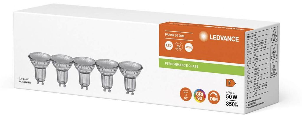 Ledvance Performance LED-Spot Reflektor GU10 PAR16 4.5W 350lm 36D - 940 Kaltweiß | Höchste Farbwiedergabe - Dimmbar - Ersatz für 50W