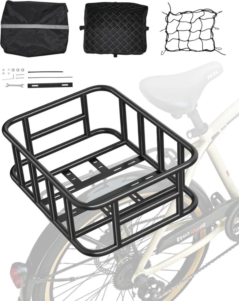 Panier Vélo Arrière 435x330x155mm avec Porte-Bagages et Filet Robuste