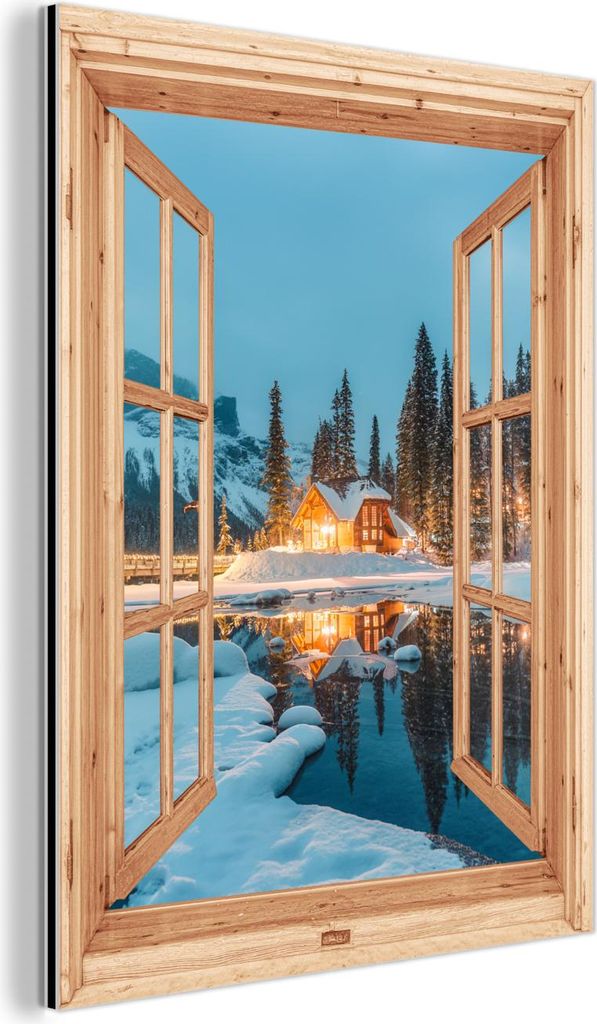 MuchoWow Wanddekoration Metall Metallbild Wandkunst 60x80 cm Winterlandschaft - Natur - Haus - Berge - Aussicht - Fenster MuchoWow Aluminium Gemäl...
