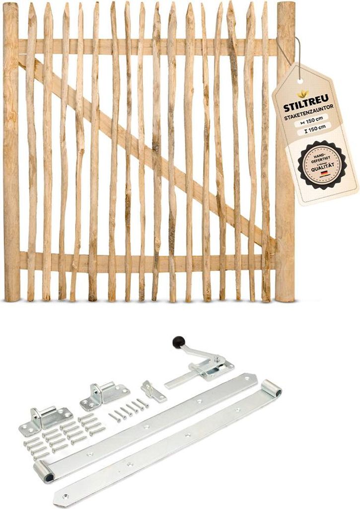 Classic Staketenzaun-Tor Set (silber) aus Edelkastanie, Breite 150 cm, Höhe 150 cm (genagelte Ausführung)