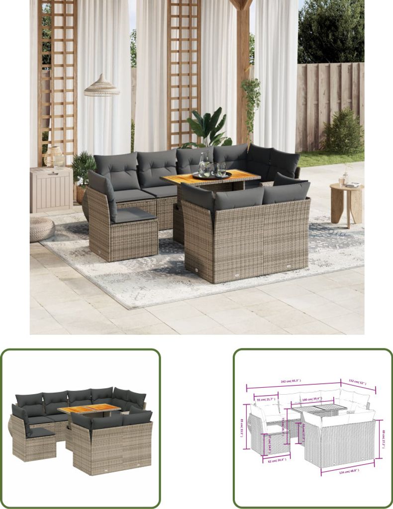 The Living Store 9-tlg. Garten-Sofagarnitur mit Kissen Grau Poly Rattan