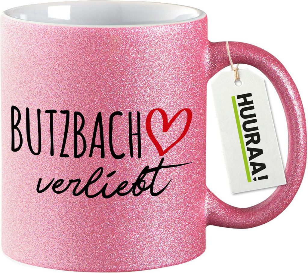 Huuraa Glitzertasse Butzbach verliebt 330ml Pink Keramik Kaffeebecher Geschenkidee