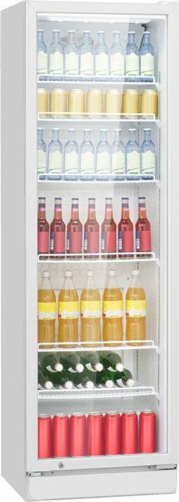 A white upright refrigerator filled with various beverages.