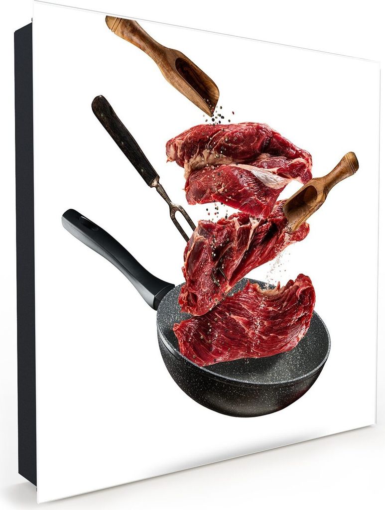Nachbildung-Schlüsselkasten, Magnetpinnwand und Memoboard mit Glasfront Motiv Steak auf Pfanne