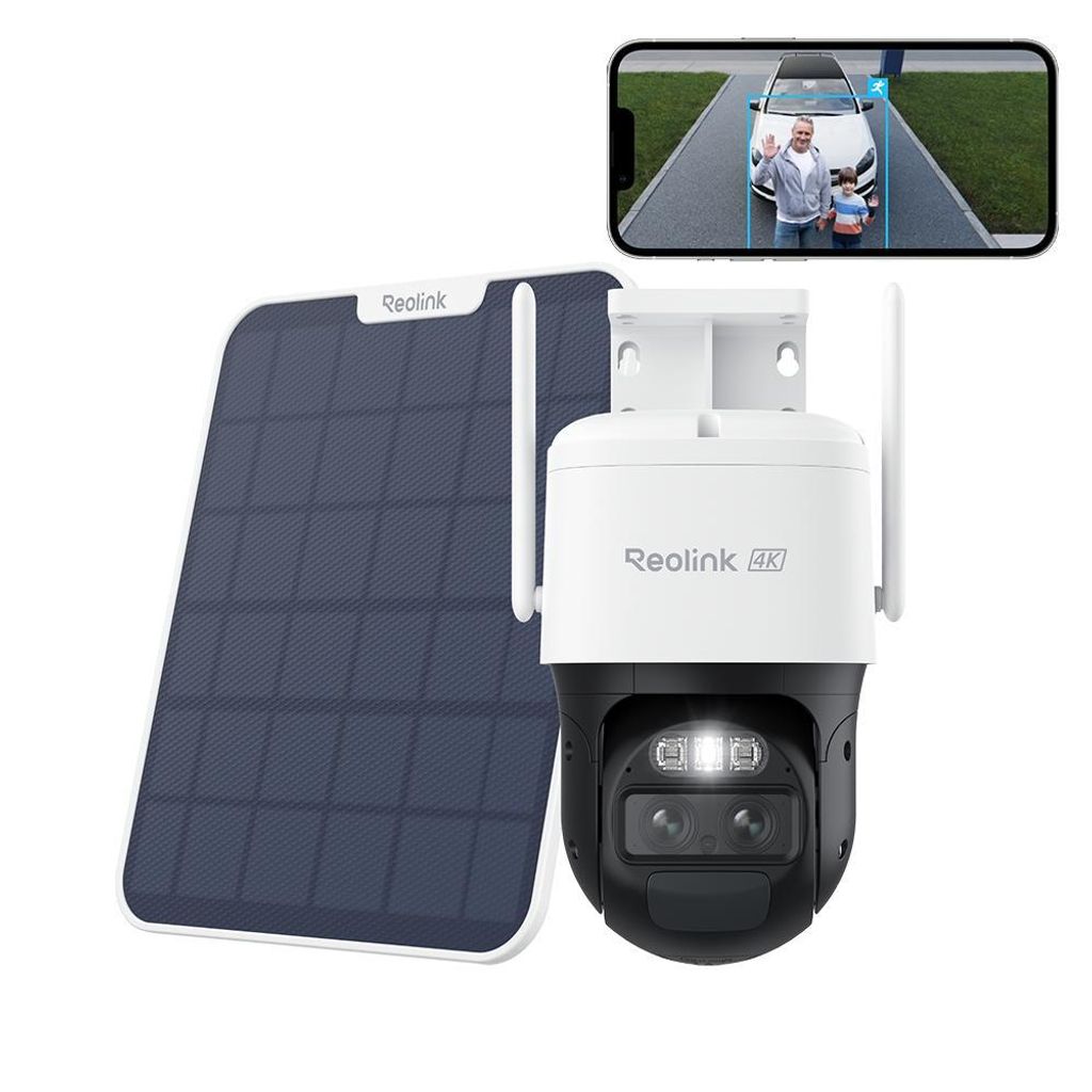 A Reolink 4K 8MP battery/solar panel surveillance camera with a smartphone displaying a live feed.