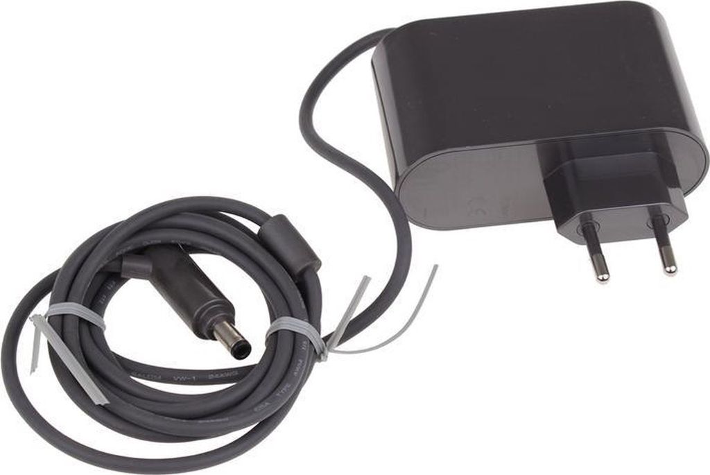 A black power adapter with a coiled cable and a plug.