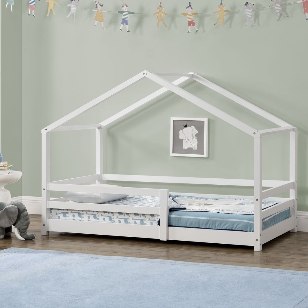 Kinderbett mit Rausfallschutz 90x200cm Haus Holz Weiß Bettenhaus Hausbett Bett 