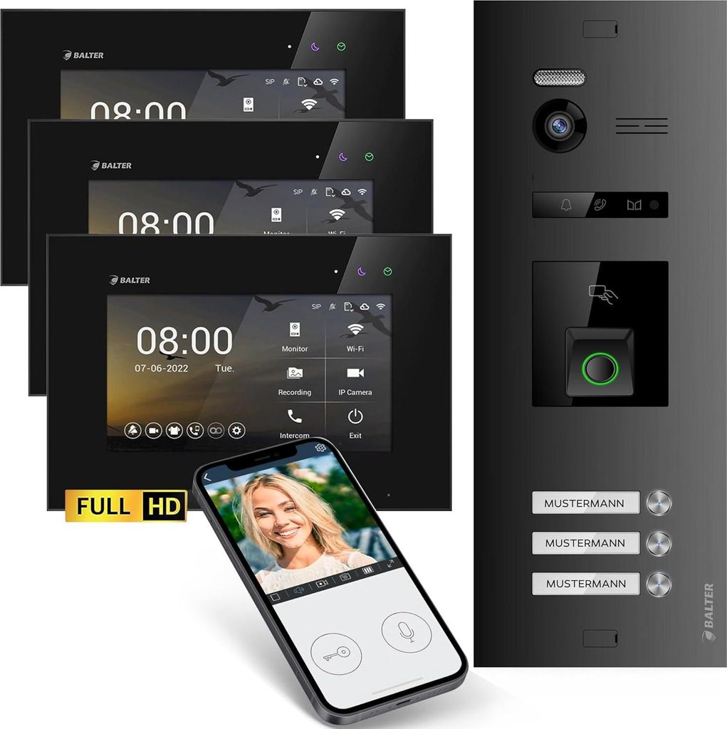 HD Video Türsprechanlage mit Fingerprint RFID und Smartphone App für 3 Familienhaus, 3x Monitore