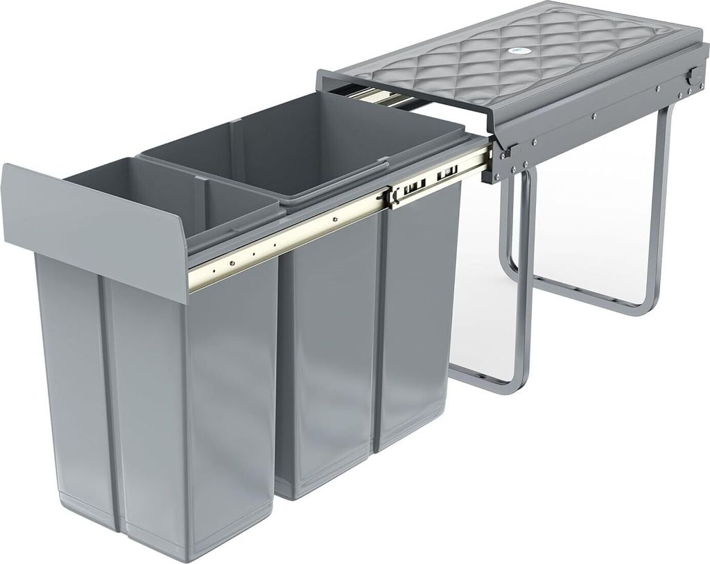 A pull-out kitchen trash bin system with two compartments.