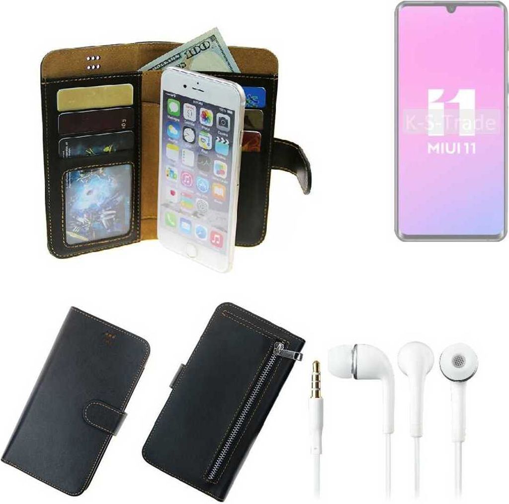 TOP SET Handy Hülle Schutz Hülle kompatibel mit Xiaomi Mi Note 10 Lite schwarz aus Kunstleder + Kopfhörer Smartphone Tasche vollwertige Geldbörse