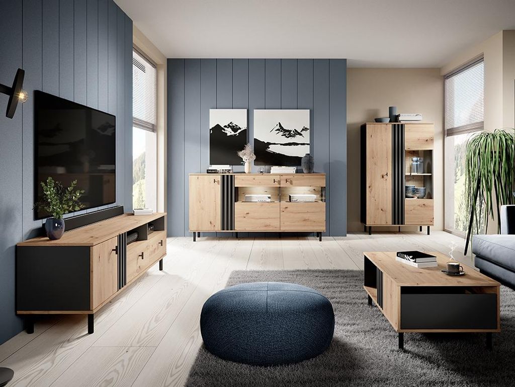 Wohnzimmer Set in Eiche, inkl. Couchtisch und LED-Beleuchtung, 4-teilig - MATTAWA-167