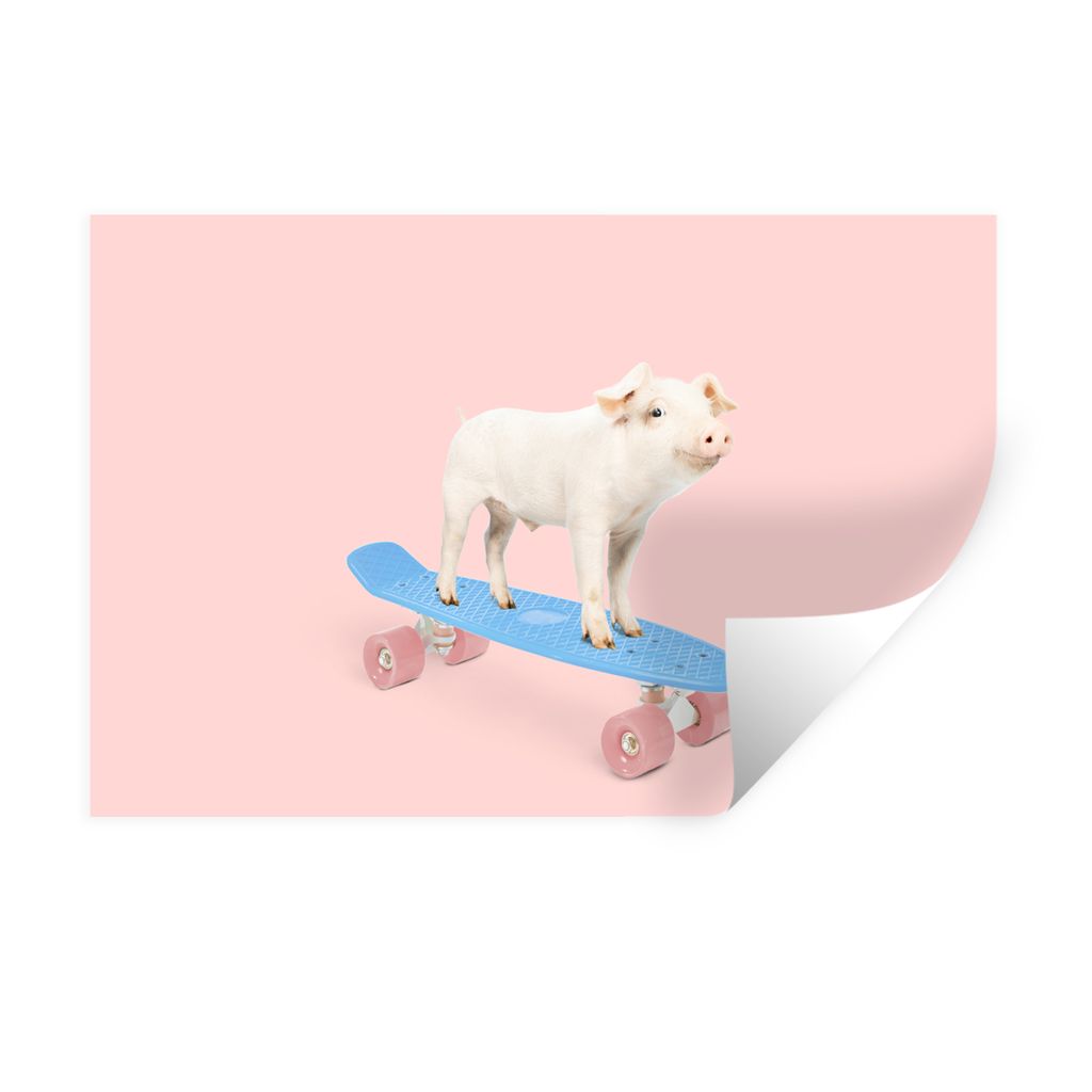 MuchoWow Wandtattoo Wandsticker Wandaufkleber Schwein - Rosa - Skateboard - Blau - Tiere 120x80 cm Selbstklebend und Repositionierbar - Selbstkle...