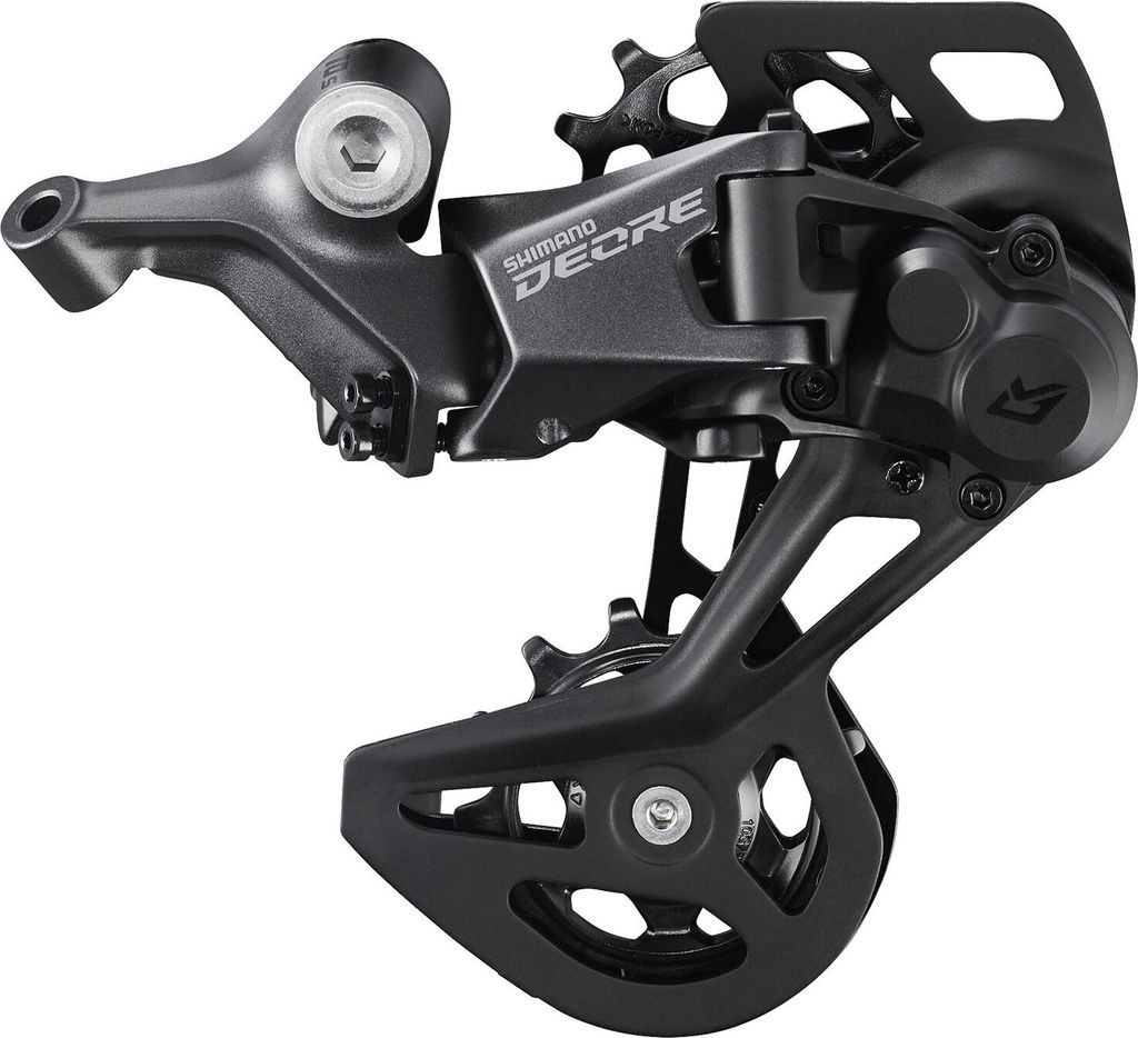 A black bicycle derailleur is shown against a white background.