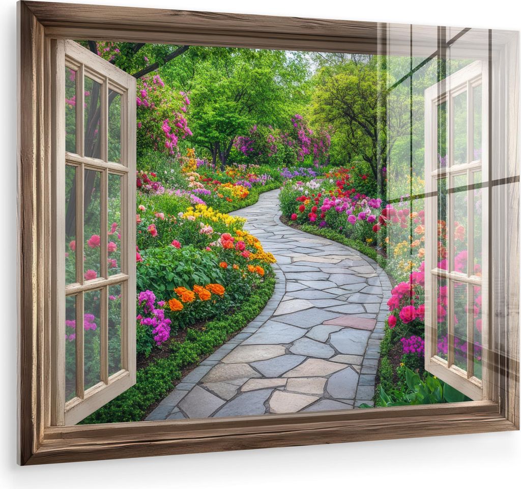 MuchoWow Glasbilder - Bilder auf Wandbild - Foto auf Glas Aussicht - Blumen - Gartenweg - Natur - Fenster 80x60 cm Wanddekoration aus Glas - Acrylg...