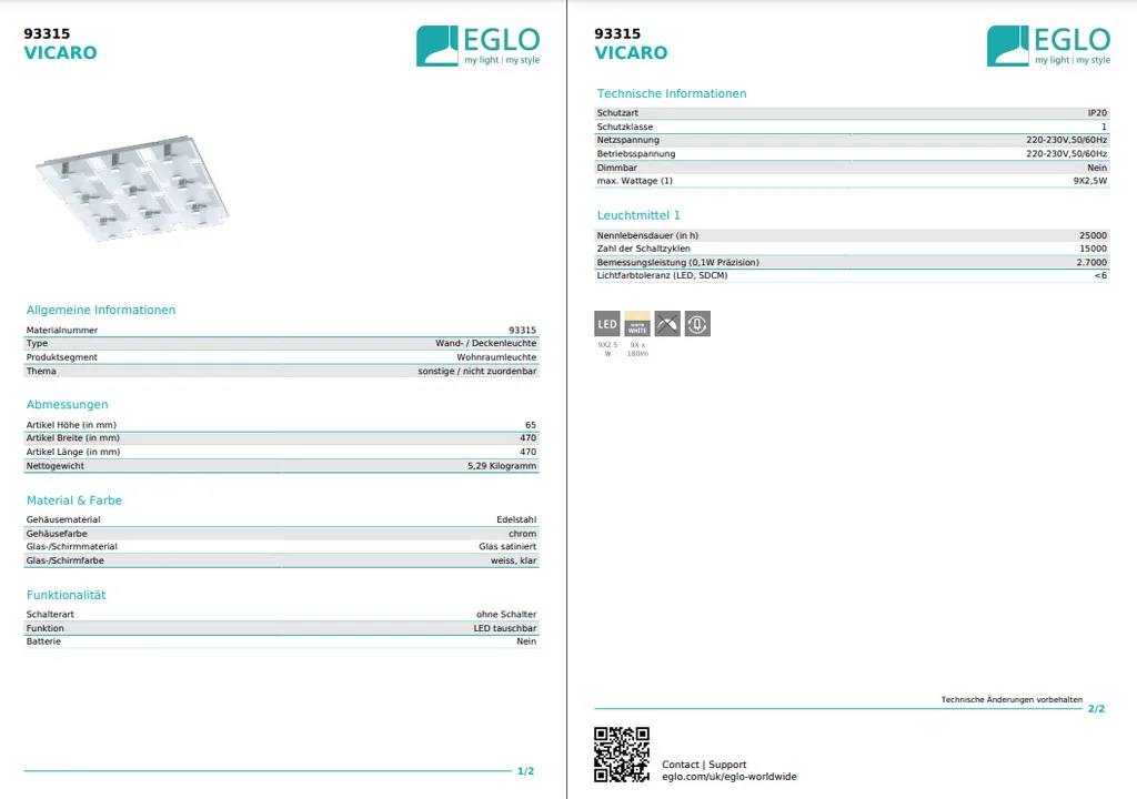 Eglo Vicaro Lampada LED Parete/Soffitto Cromo e Vetro Satinato 90628 - 3