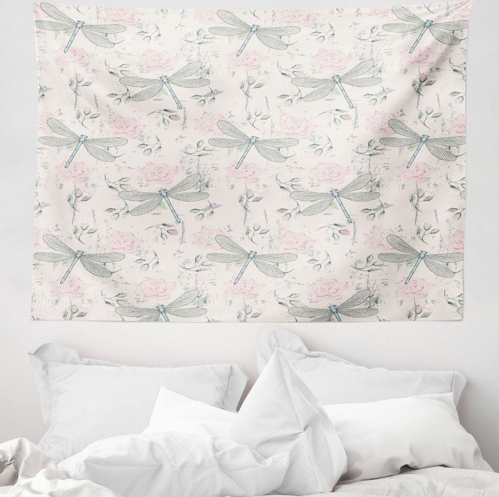 ABAKUHAUS Shabby Chic Wandteppich, Vintage Dragonfly aus Weiches Mikrofaser Stoff Waschbar ohne Verblassen Digitaldruck, 150 x 110 cm, Hellrosa Bla...