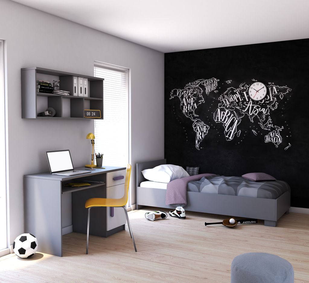 Kinderzimmer-Set Bett, Wandregal, Schreibtisch Grau/Weiß mit Erikafarbiegen Griffen ohne Matratze JONAS V3