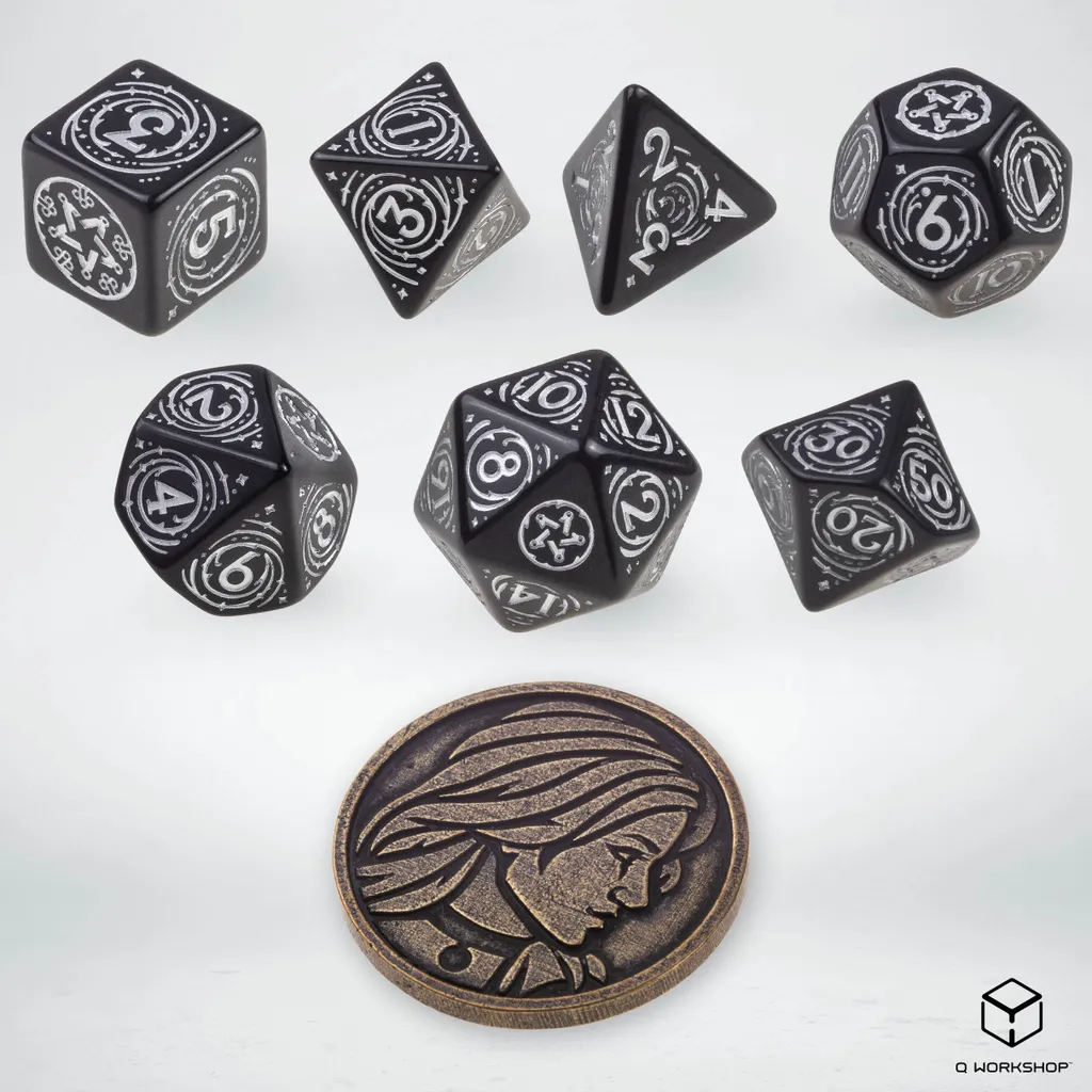 Dés The Witcher Yennefer : Finition obsidienne et gravures argentées 7pcs