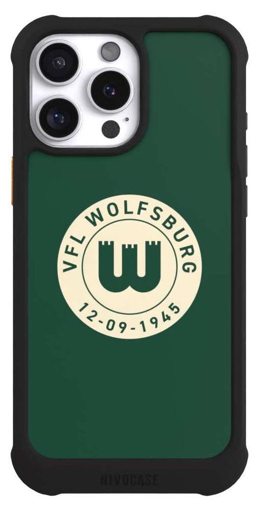 NIVOCASE Hülle für Apple iPhone 16 Pro Max Stoßfeste Handyhülle NIVOmax Case Schwarz Offizielles Lizenzprodukt VfL Wolfsburg 80 Jahre