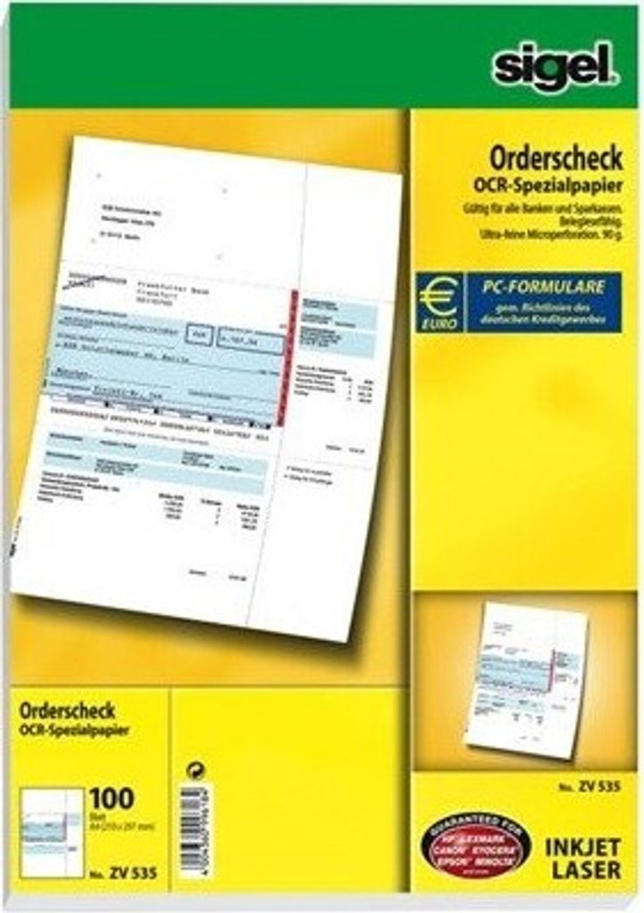 SIGEL ZV535 PC-SEPA-Orderscheck, Gültig für alle Banken und Sparkassen., 100 Stück