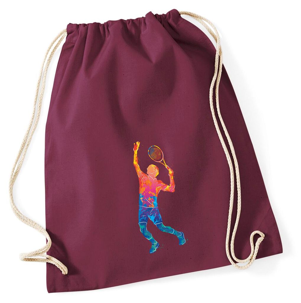 Huuraa Turnbeutel Tennis Spieler bunte Silhouette 12 Liter Burgundy Baumwolle Rucksack Geschenkidee
