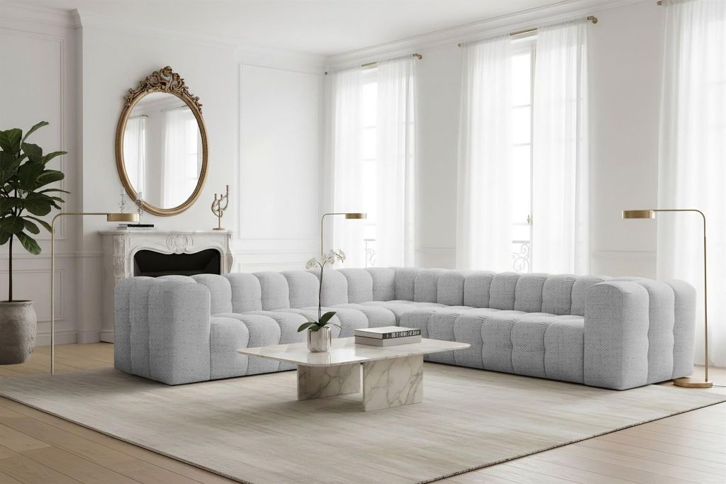 Ecksofa Designersofa SOLVIE in Stoff Moly Hellgrau Seite Universal