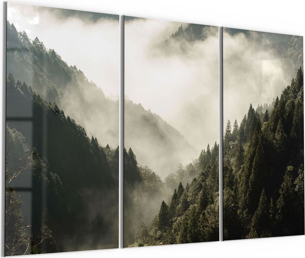 DEQORI Glasbild Echtglas 3x50x100 cm 'Nebel in den Bergen' Wandbilder XXL groß