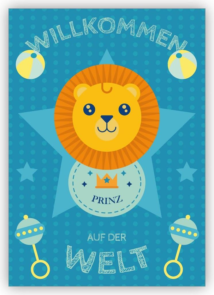 4x Süße Baby Glückwunschkarte zur Geburt eines Jungen mit Löwen: Willkommen auf der Welt Prinz