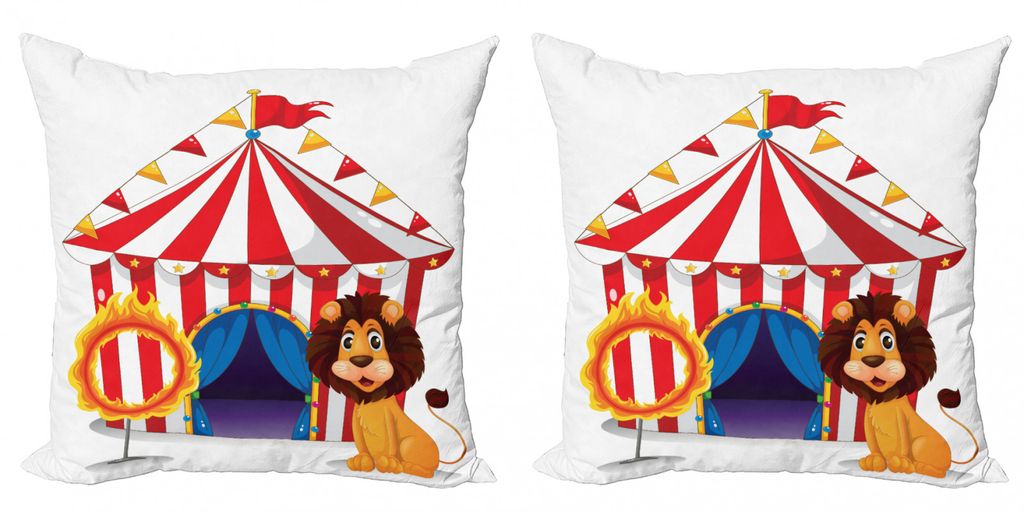 ABAKUHAUS Zirkus Kissenbezug Set (2Stück), Löwe Und Feuerring Vor Dem Zirkuszelt Blazing Flame Adventure Dangerous, 45x45cm, Mehrfarbig