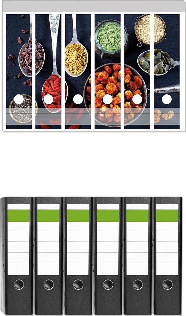 Wallario 6 Stück breite Ordner inkl. Klebeetiketten mit Motive Gesunde Superfoods in Töpfen - Set mit Rückenschildern / Ordnerrücken Stickern