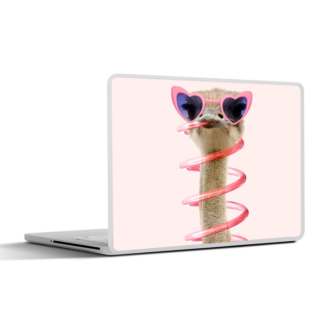 MuchoWow Laptop Aufkleber Sticker Cover Strauß - Sonnenbrille - Rosa - Tiere 25x18 cm - Laptop-Deko