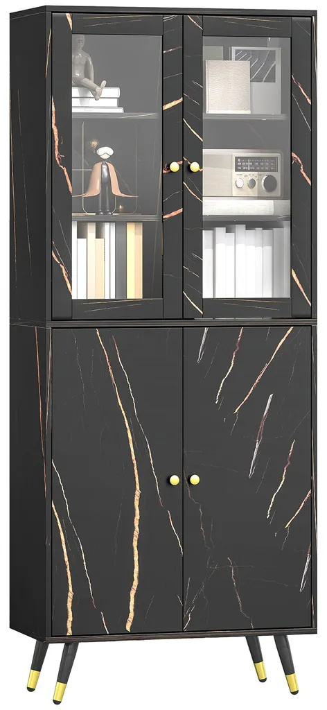 Meuble de rangement 6 étagères bibliothèque vitrine avec placard noir