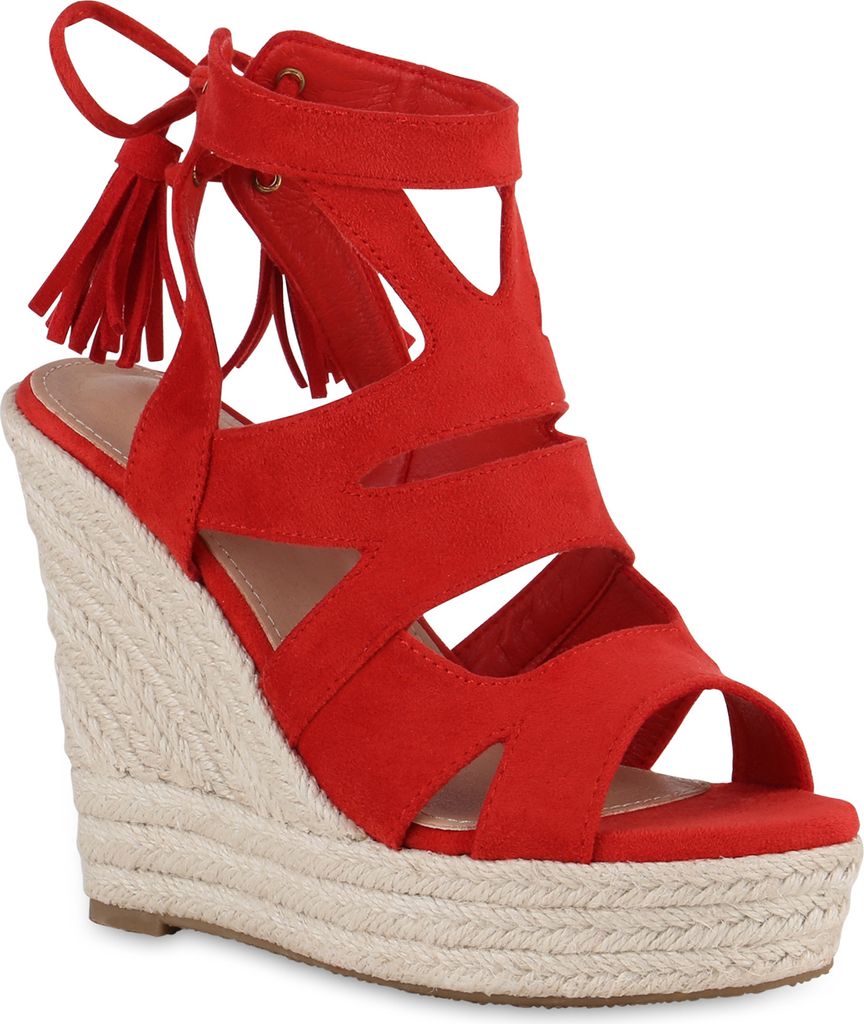 VAN HILL Damen Keilsandaletten Sandaletten Bast Quasten Cut-Outs Schuhe 841372, Farbe: Rot, Größe: 35